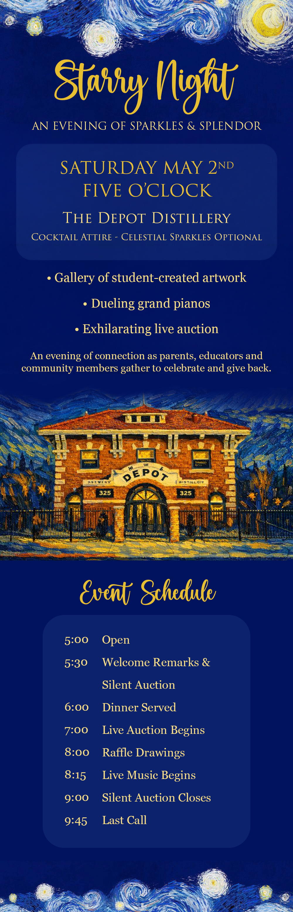 Starry Night Info Graphic SATURDAY MAY 2ND 5pm The Depot Distillery Cocktail Attire 