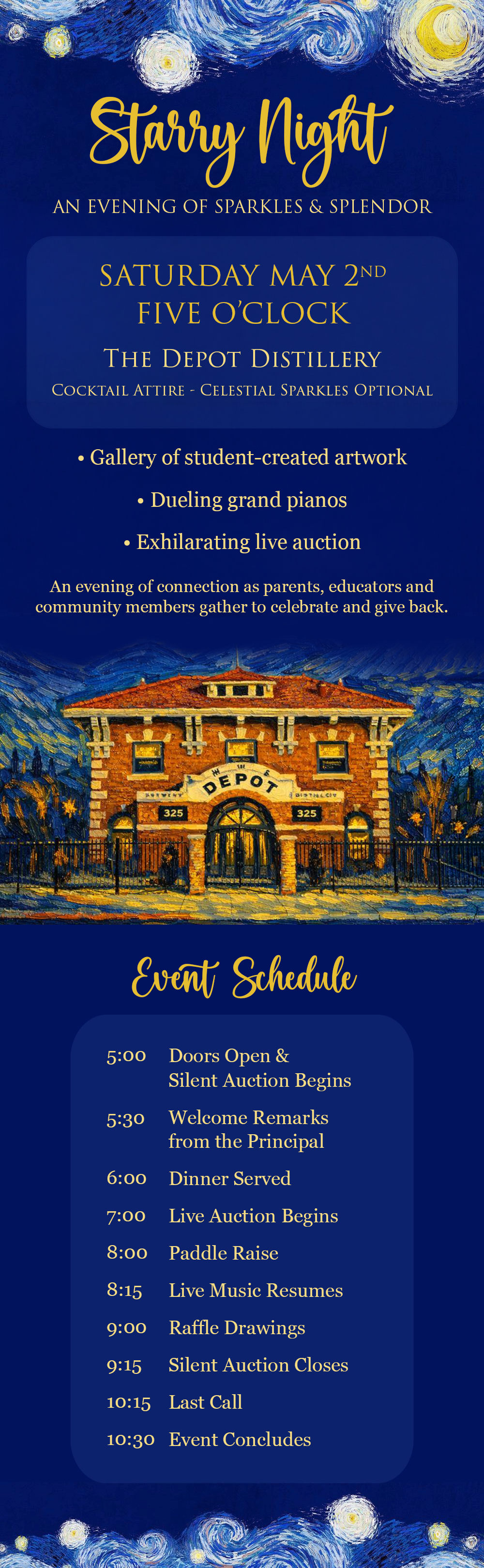 Starry Night Info Graphic SATURDAY MAY 2ND 5pm The Depot Distillery Cocktail Attire 